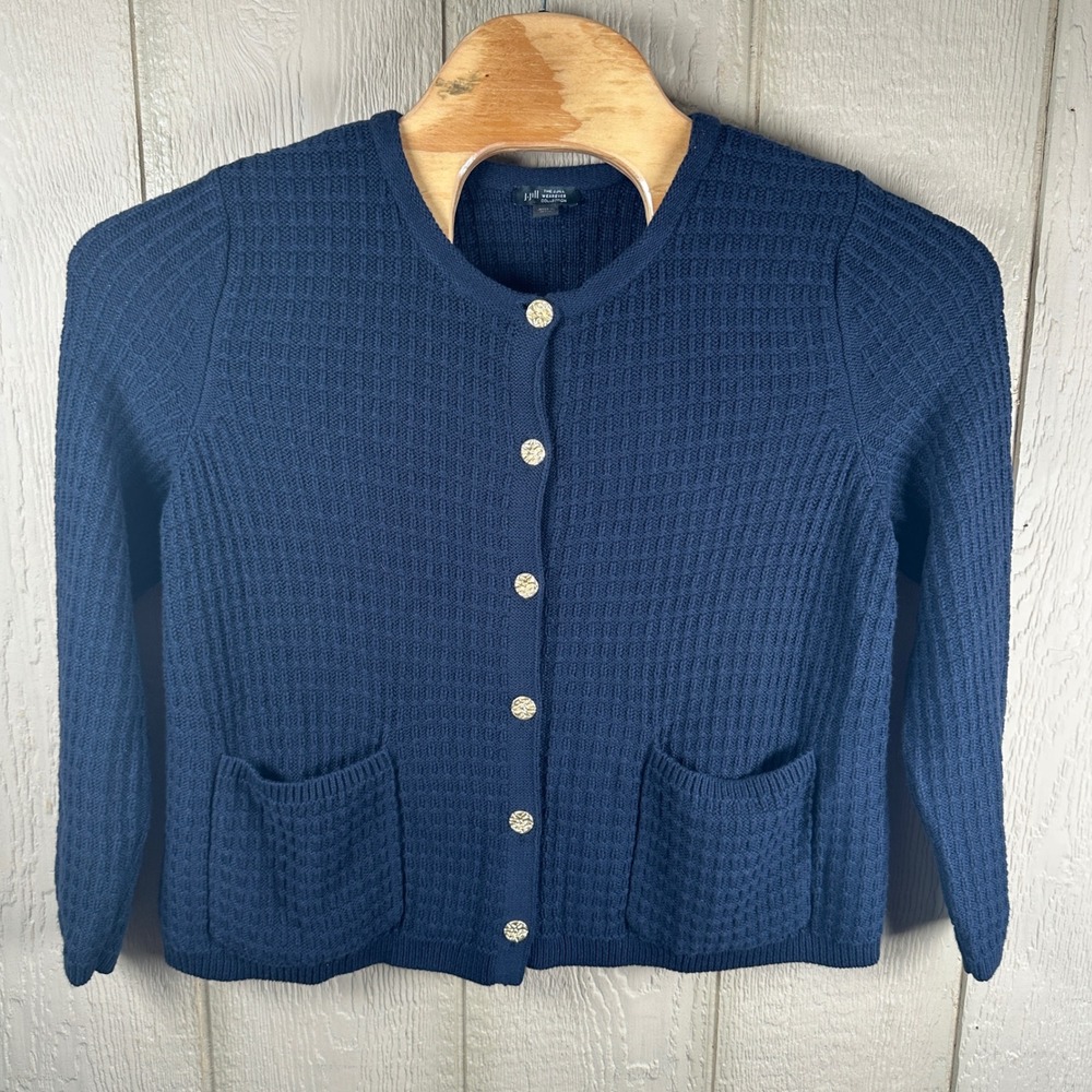 J. Jill Wearever Cardigan Women Large Petite Navy Blue Waffle Knit Gold Button